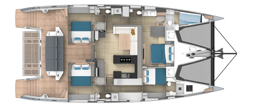 Catamaran floor plan with three bedrooms, a kitchen, and lounge area for luxury sailing experience.