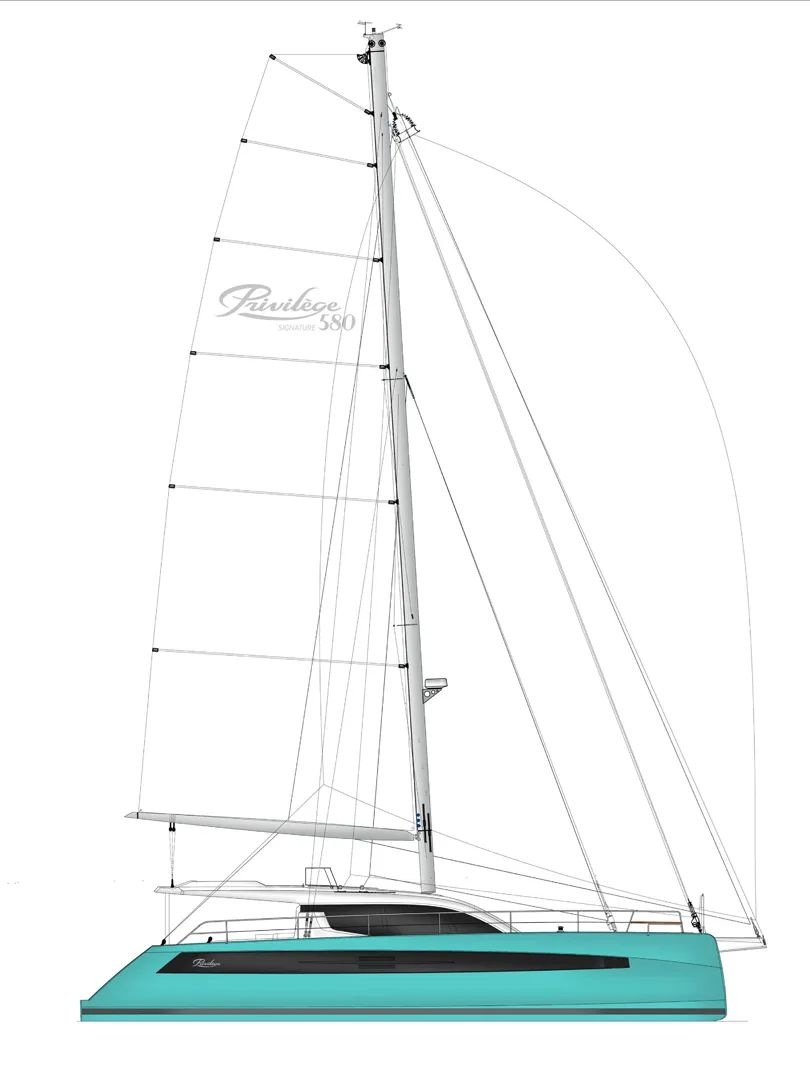 Diagram of a Privilège Signature 580 catamaran with sails, highlighting its sleek turquoise hull design.