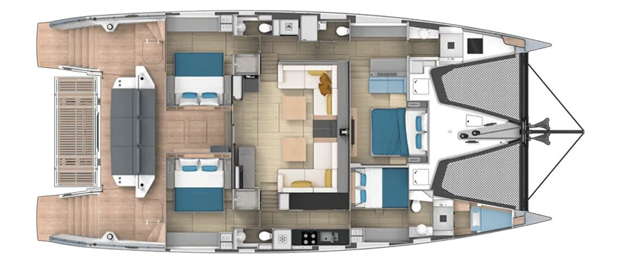 Catamaran interior layout showcasing cabins, living area, and deck space. Modern design with ample amenities.