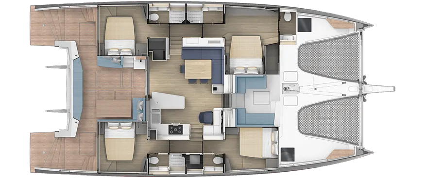 Catamaran floor plan showing several cabins, bathrooms, and kitchen with seating area.