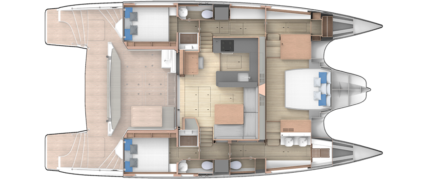 Catamaran interior layout with bedrooms, bathrooms, kitchen, and dining area. Spacious and modern design for comfort.