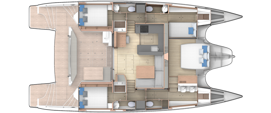 Floor plan of a luxury catamaran featuring bedrooms, bathrooms, and a spacious living area.