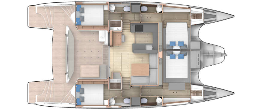 Catamaran interior layout: top view showing bedrooms, bathrooms, and living areas. Spacious design for optimal comfort.