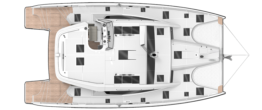 Top view of a catamaran deck layout showcasing spacious design with seating areas and helm station.