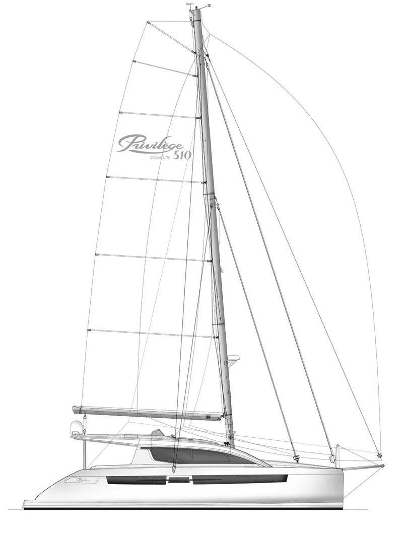 Line drawing of a Privilege Signature 510 catamaran sailboat with detailed rigging and sleek design.